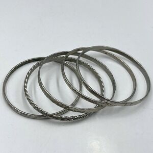 Vintage Textured Silver Tone Bangle Bracelet Set Stackable Twisted Engraved 5pc